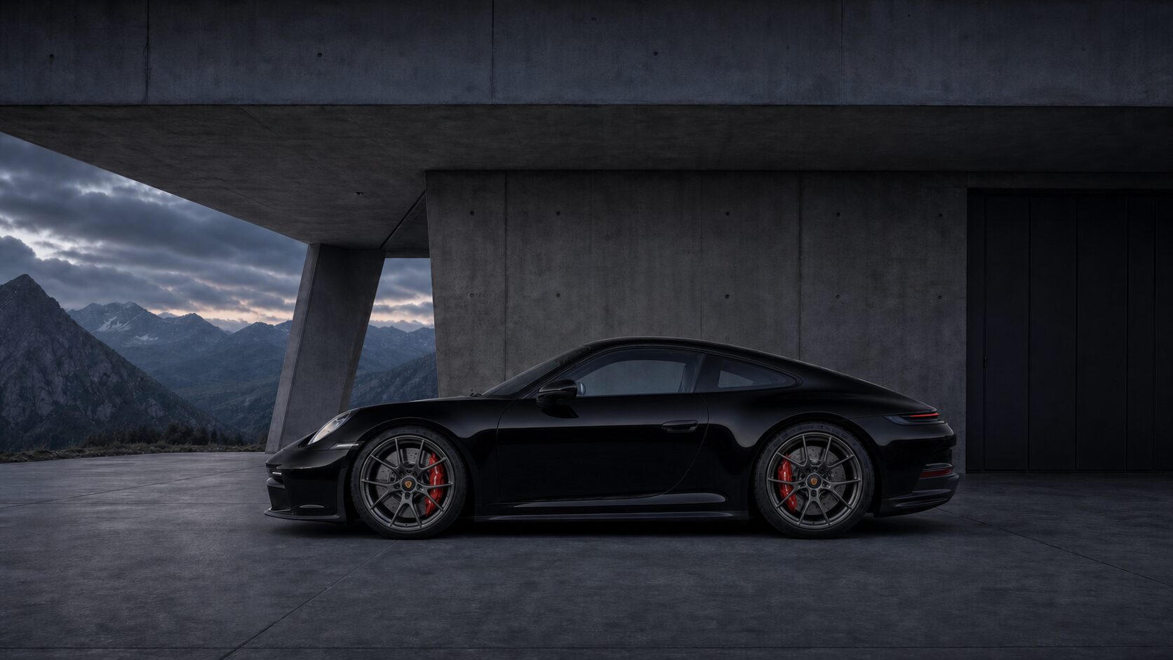Boční profil černého Porsche 911 GT3 Touring v minimalistické horské architektuře